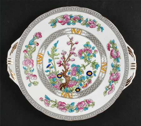 Indian Tree (Gold Trim, Black Key, Scalloped) Handled Cake Plate
