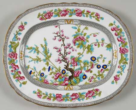 Indian Tree (Gold Trim, Black Key, Scalloped) 13" Oval Serving Platter