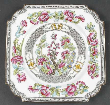 Indian Tree (Gold Trim, Black Key, Scalloped) Square Salad Plate