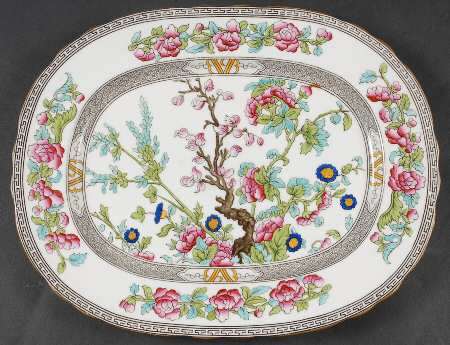Indian Tree (Gold Trim, Black Key, Scalloped) 11" Oval Serving Platter