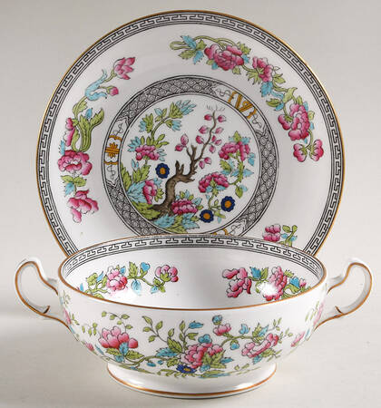 Indian Tree (Gold Trim, Black Key, Smooth) Footed Cream Soup Bowl & Saucer Set