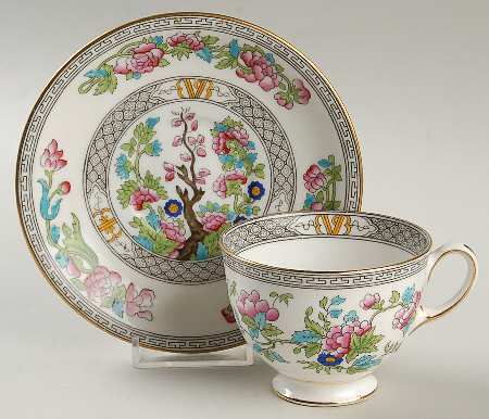Indian Tree (Gold Trim, Black Key, Smooth) Footed Cup & Saucer Set
