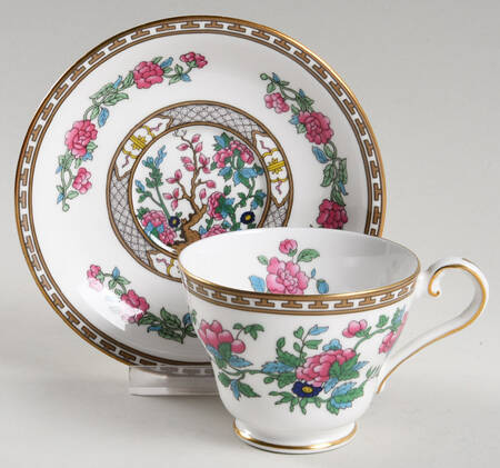 Indian Tree (Gold Trim, Gold Key, Smooth) Footed Cup & Saucer Set