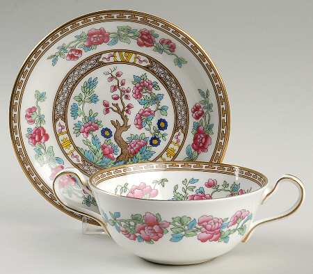 Indian Tree (Gold Trim, Gold Key, Smooth) Flat Cream Soup Bowl & Saucer Set