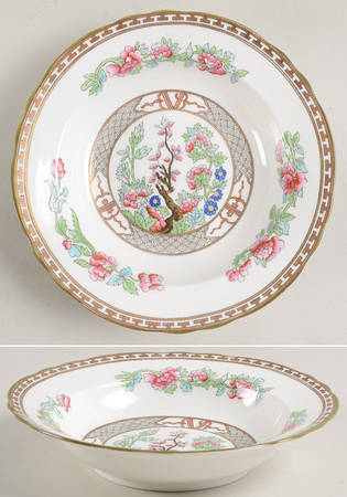 Indian Tree (Green Trim, Gold Key, Scalloped) Rim Soup Bowl