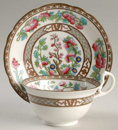 Indian Tree (Green Trim, Gold Key, Scalloped) Footed Cup & Saucer Set