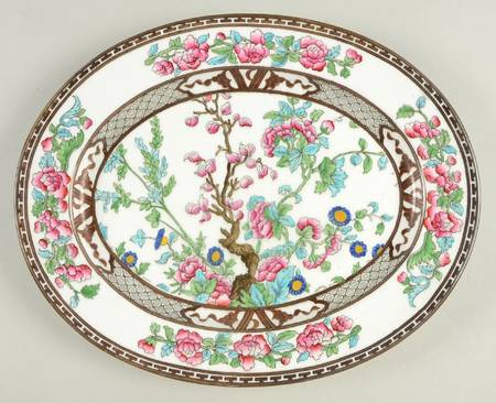 Indian Tree (Green Trim, Gold Key, Smooth) 11" Oval Serving Platter