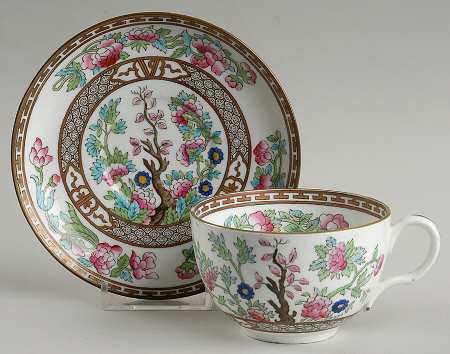 Indian Tree (Green Trim, Gold Key, Smooth) Flat Cup & Saucer Set