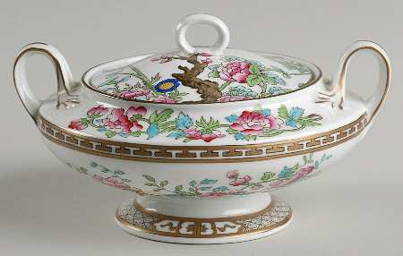 Indian Tree (Green Trim, Gold Key, Smooth) Sugar Bowl & Lid