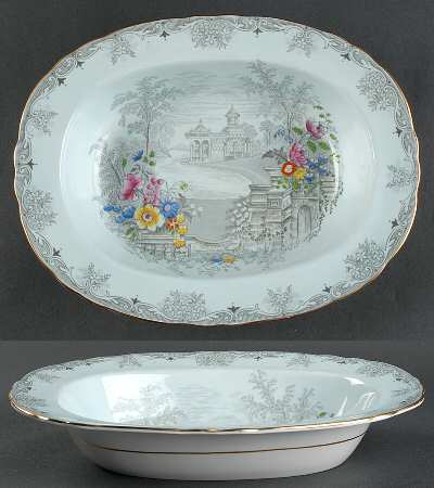 Queen's Garden (Blue, Scalloped) 10" Oval Vegetable Bowl