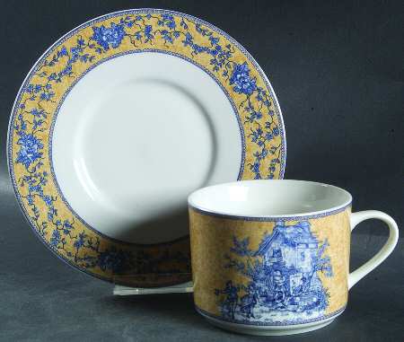 English Toile Blue Flat Cup & Saucer Set