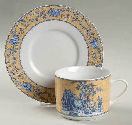 English Toile Blue Flat Cup & Saucer Set
