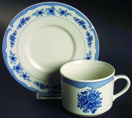 Floral Toile Blue Flat Cup & Saucer Set