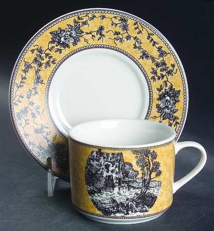 English Toile Black Flat Cup & Saucer Set