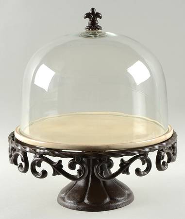 Tuscan Countryside Cream Metal Pedestal Cake Stand w/Cake Plate & Glass Dome
