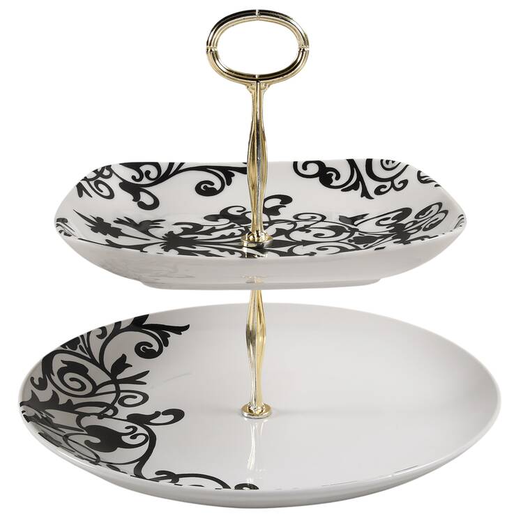 Rococo Black and White 6 5/8"-10"  2 Tiered Serving Tray (Dp, Sp) HC