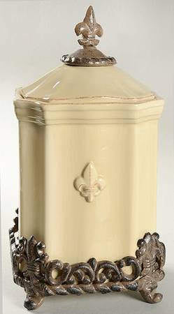 Fleur De Lis Cream Large Canister W/Metal Base