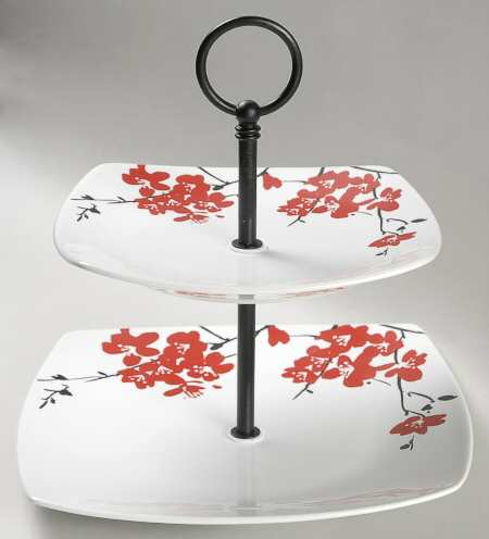 Mia Blossoms Red (Soft Square) 2 Tiered Serving Tray (Dinner & Salad Plate)