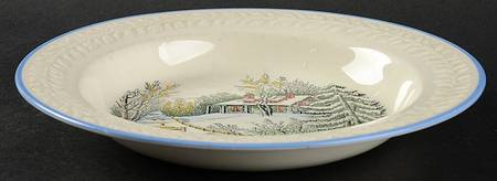 Currier & Ives (Raised Border, Blue Trim) Rim Soup Bowl
