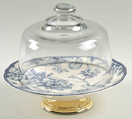 Adelaide Blue and White 6 1/2"-7 1/2" Footed Cheese Plate w/ Glass Dome HC