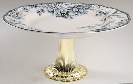 Adelaide Blue and White Cake Stand with 4"-5" Metal Pedestal  Hc