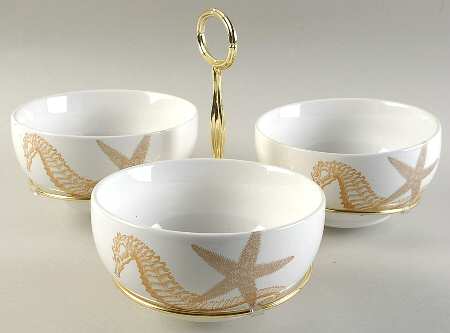 Coastal Life Gold (Yellow) 7" x 12" 3-Part Relish & Metal Stand (CERC) HC