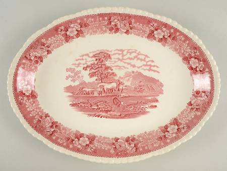 English Scenic Pink (Older, White) 16" Oval Serving Platter