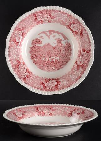English Scenic Pink (Older, White) Rim Soup Bowl