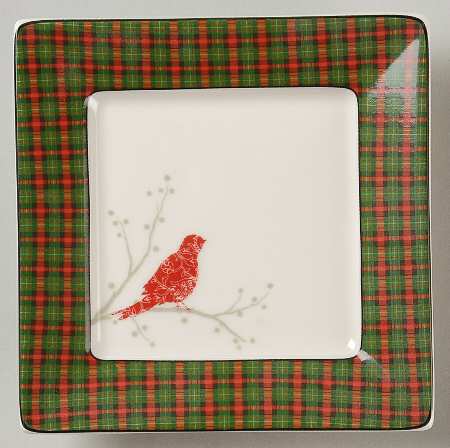 Christmas Birds Plaid Square Appetizer Plate