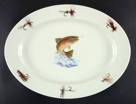 Jumping Trout and Dry Flies 14" Oval Serving Platter