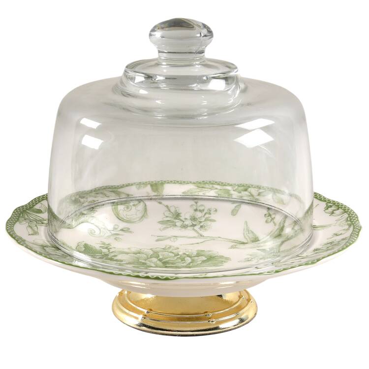 Adelaide Moss Green 6 1/2"-7 1/2" Footed Cheese Plate w/ Glass Dome HC