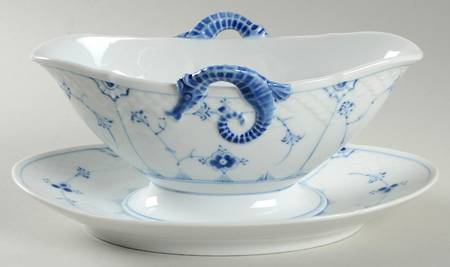 Blue Traditional (No Trim) Gravy Boat with Attached Underplate