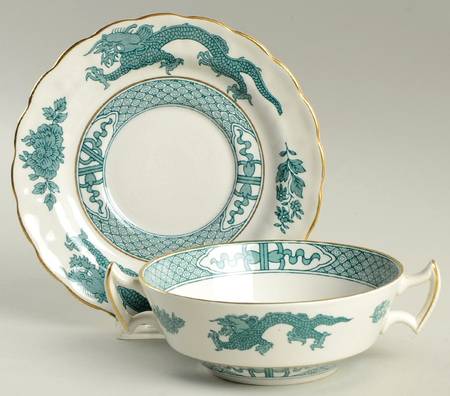 Dragon Green Flat Cream Soup Bowl & Saucer Set by Booths