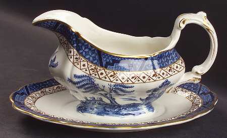 Real Old Willow Blue Gravy Boat with Attached Underplate