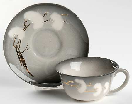 Smoke Tree Black Gray Flat Cup & Saucer Set
