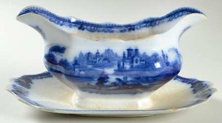 Non Pareil (Flow Blue) Gravy Boat with Attached Underplate