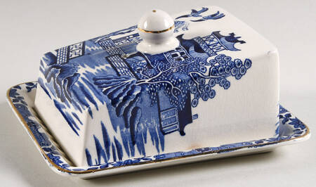 Willow Blue (Gold Trim) Cheese Dish with Lid (Wedge)