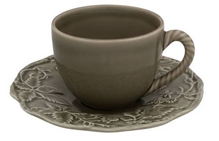 Artichoke and Bird Dark Grey Flat Cup & Saucer Set