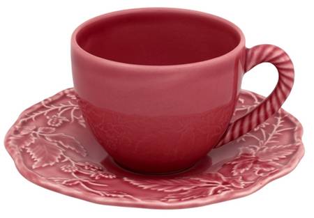 Artichoke and Bird Dark Pink Flat Cup & Saucer Set