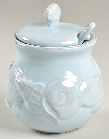 Seahorse and Seashell Menagerie Blue Sugar Bowl & Lid W/Spoon