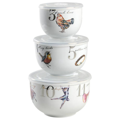 12 Days of Christmas (3 Piece) Nesting Bowl Set w/Plastic Lid(4",5,"6")