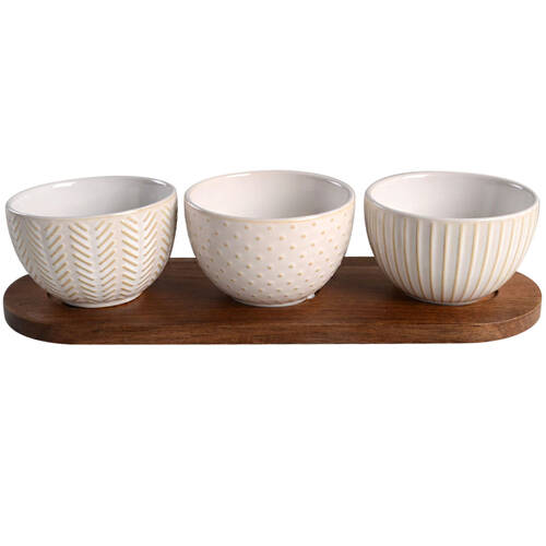 Modern Farmhouse Condiment Set - Set of 3 Motif Bowls with Tray