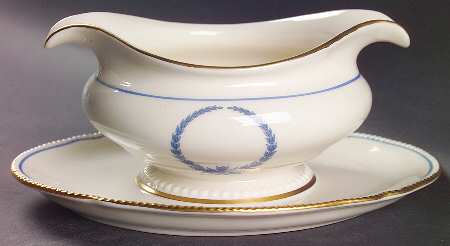 Empire (Blue Wreath, Gold Trim) Gravy Boat with Attached Underplate
