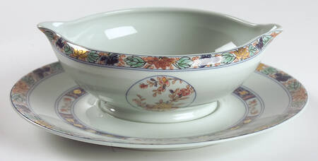 Koutani (Celadon Background) Gravy Boat with Attached Underplate