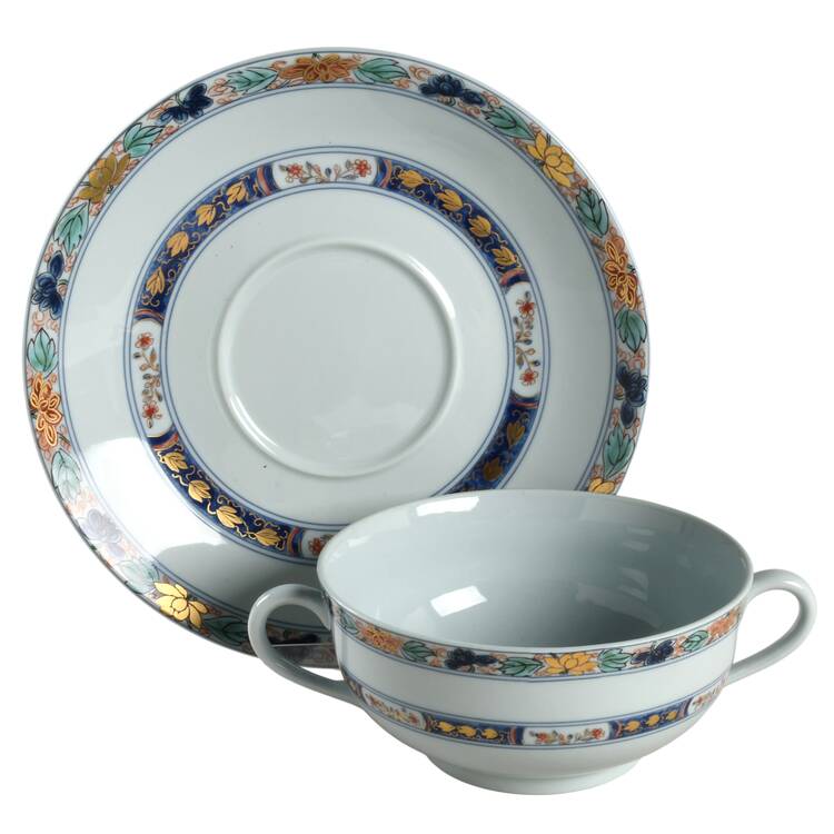 Koutani (Celadon Background) Footed Cream Soup Bowl & Saucer Set