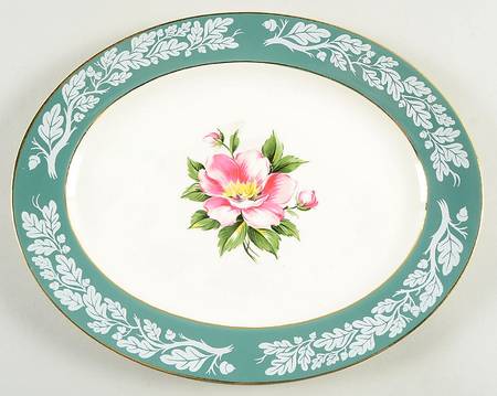 Teal Green (Floral Center) 11" Oval Serving Platter