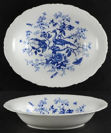 Cairo Blue on White (Raised Edge, No Trim) 9" Oval Vegetable Bowl