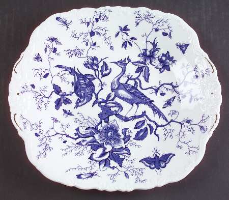 Cairo Blue on White (Raised Edge, No Trim) Square Handled Cake Plate