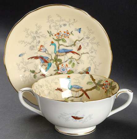 Cairo Multicolor On Ivory (Gold Trim) Footed Cream Soup Bowl & Saucer Set