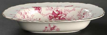 Cairo Pink On White (Raised Edge, Gold) 9" Oval Vegetable Bowl